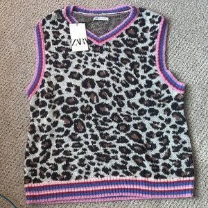 Zara Leopard Print V-Neck Sweater Vest - Black, Brown, Pink